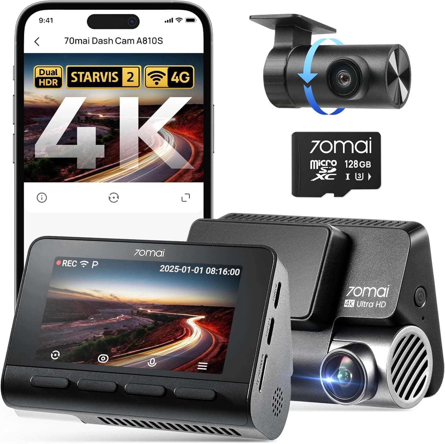 Dashcam 70mai A810S 4K avant/arrière connectée