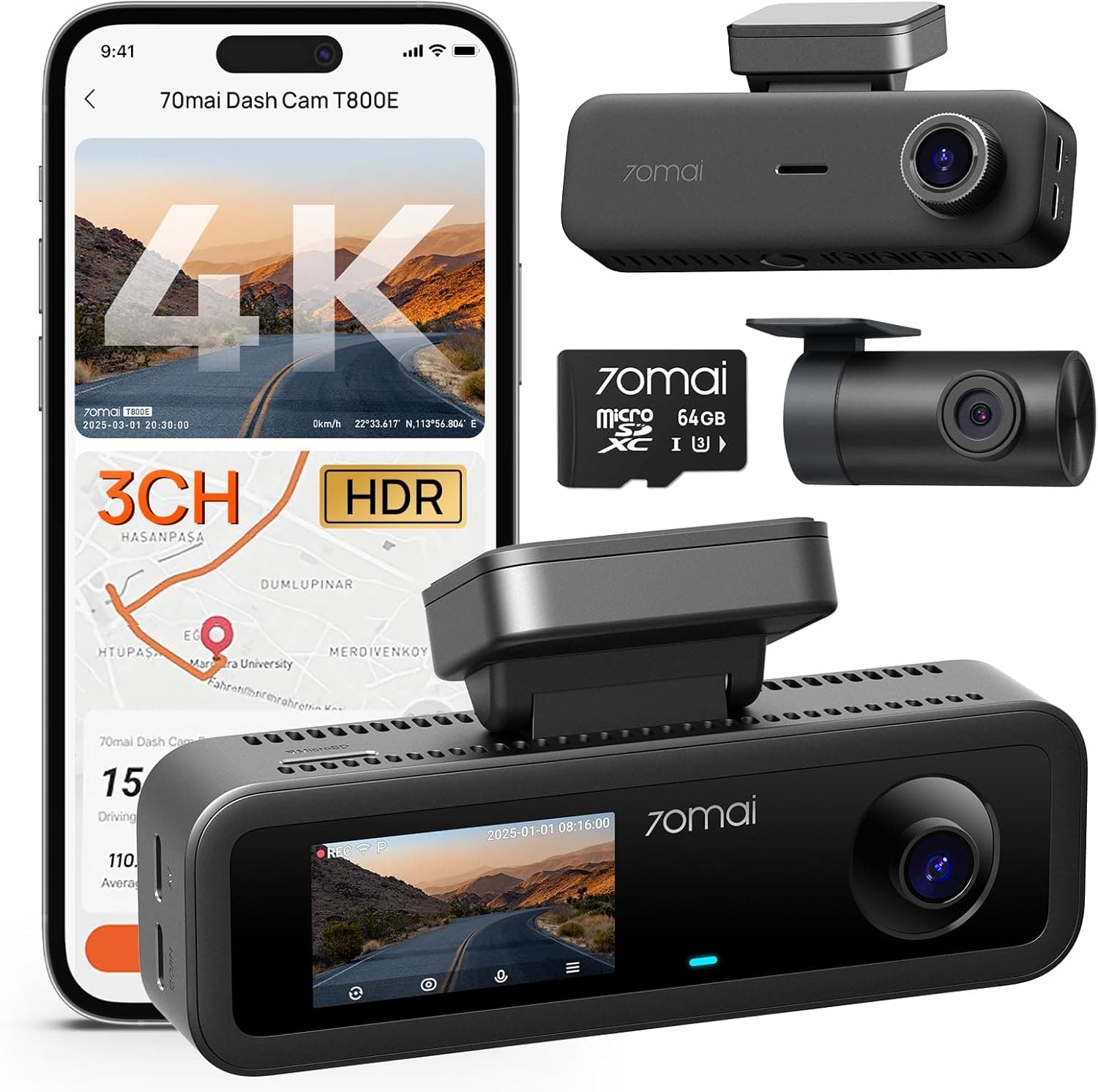 Dashcam 70mai T800E à trois caméras : route, habitacle infrarouge et arrière