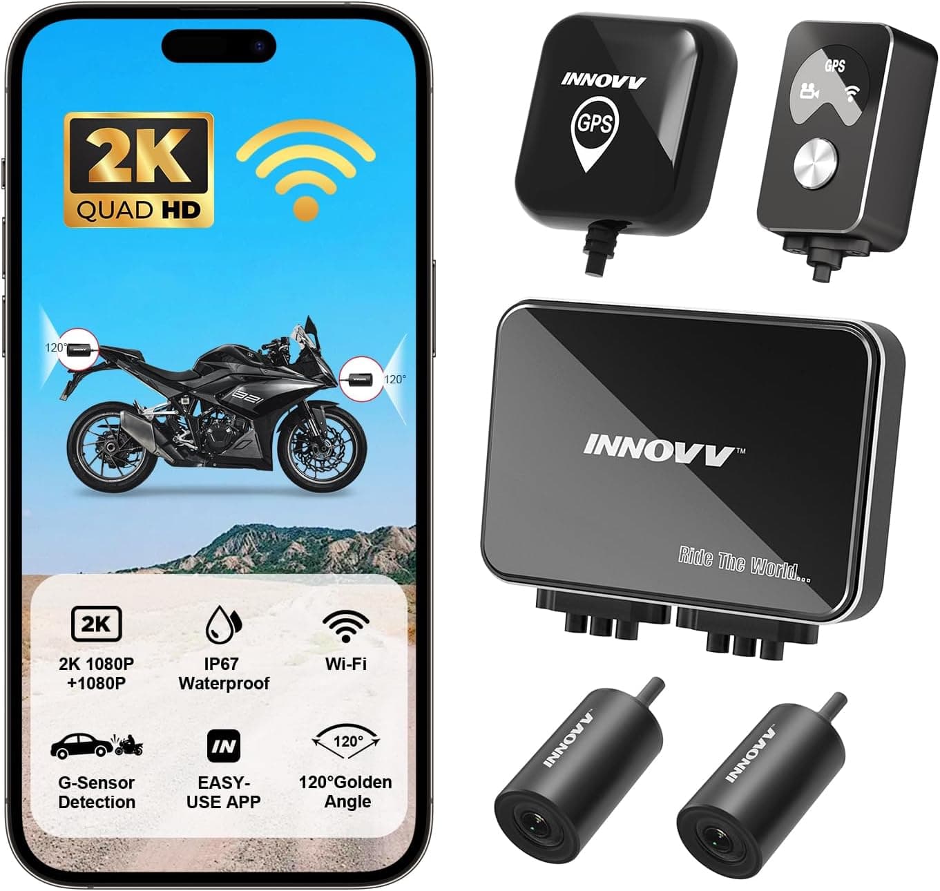 Dashcam moto INNOVV K7 : boîtier, modules caméra, antenne GPS et télécommande