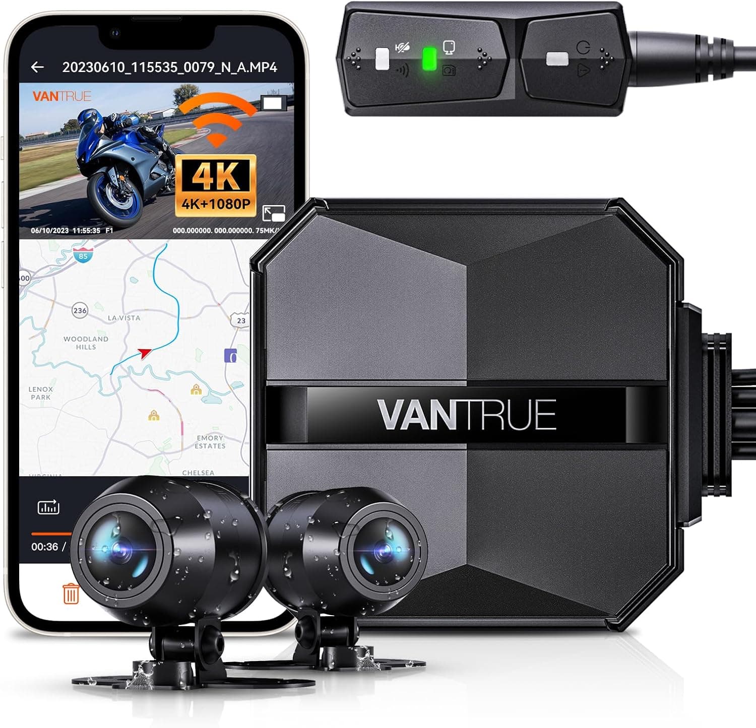 Dashcam moto Vantrue F1 : boîtier, deux caméras étanches et télécommande